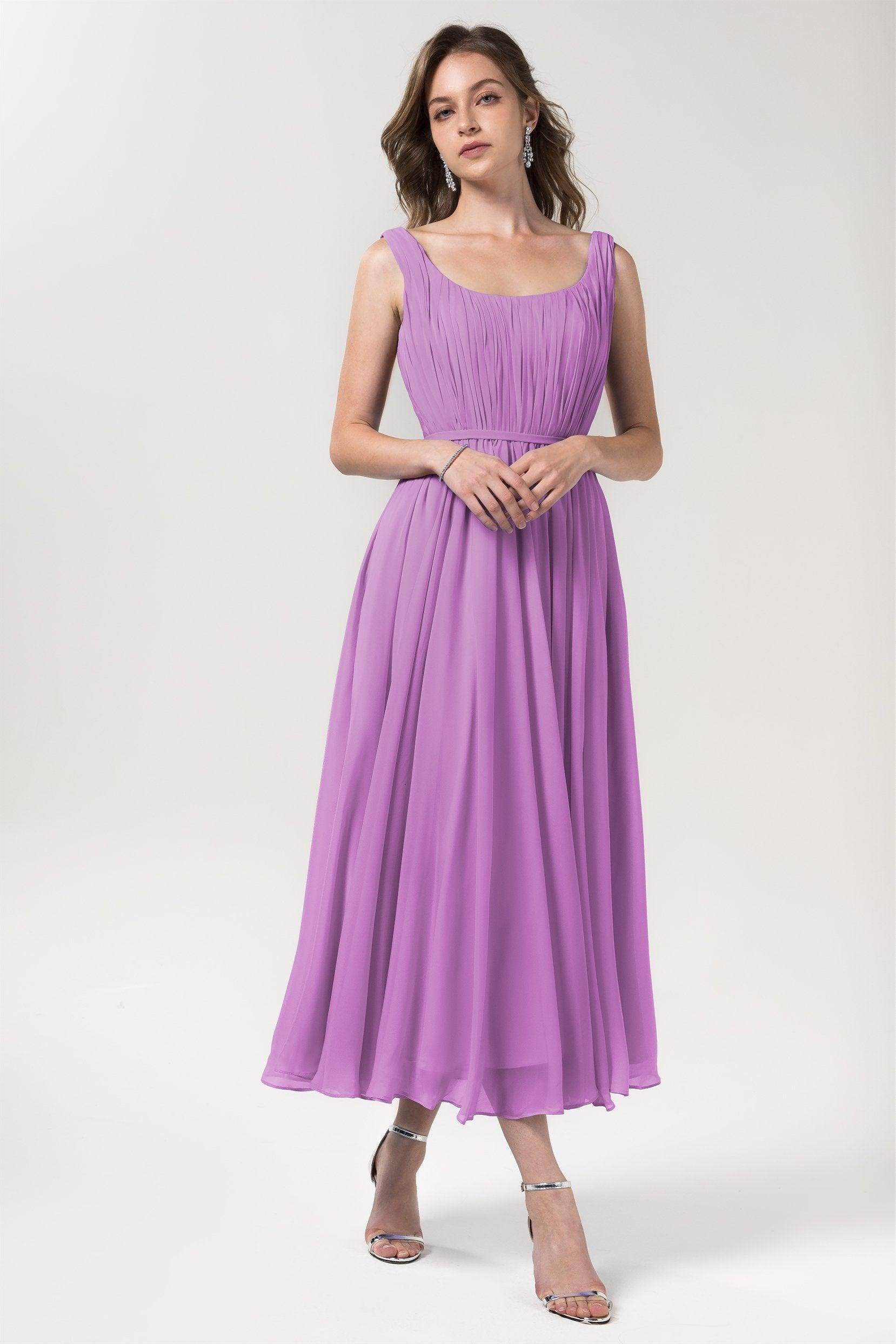 A-Line Tea Length Chiffon Bridesmaid Dress CB0555PS - COCOMELODY